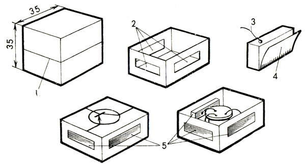 Рис. 25. Кубики с магнитами: 1 - место разреза кубика; 2 - отверстия для магнитов; 3 - провод для подпайки деталей; 4 - контактная пластинка (низ припаять); 5 - магниты
