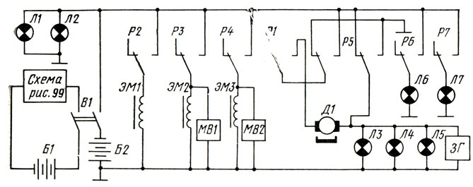 Рис. 101. Подключение исполнительных механизмов: Л1, Л2 - передние фары; Л3 - задняя фара; ЭМ2 - осуществляет поворот влево; ЭМ3-вправо. ЗГ - звуковой генератор (сирена)